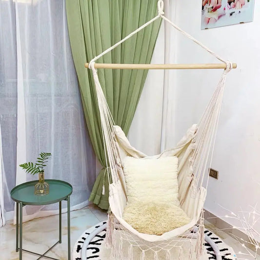 Indoor Outdoor Tassels Hammock Garden Patio White Cotton Swing Chair Beach Hammocks Chair - My Store