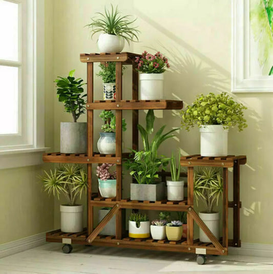 UNHO Wooden Plant Stand with Wheels Multi-Layer Rolling Plant Flower Display Shelf Indoor Movable Storage Rack Holder Outdoor fo - My Store